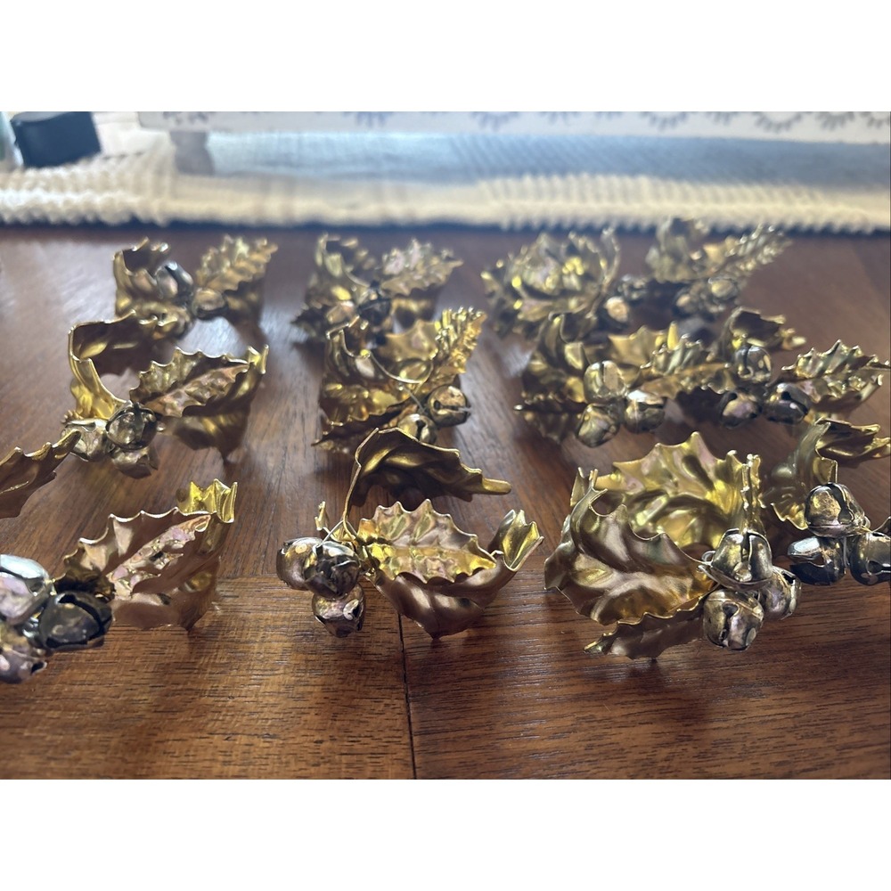Vintage Christmas Gold Metal Holly Leaf and Bell Berries Napkin Rings Lot Of 12